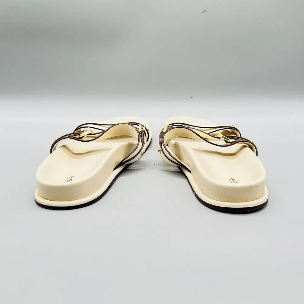 Zara Sandals Womens 9 Off White Synthetic Strappy Buckle Slide Flat Shoes